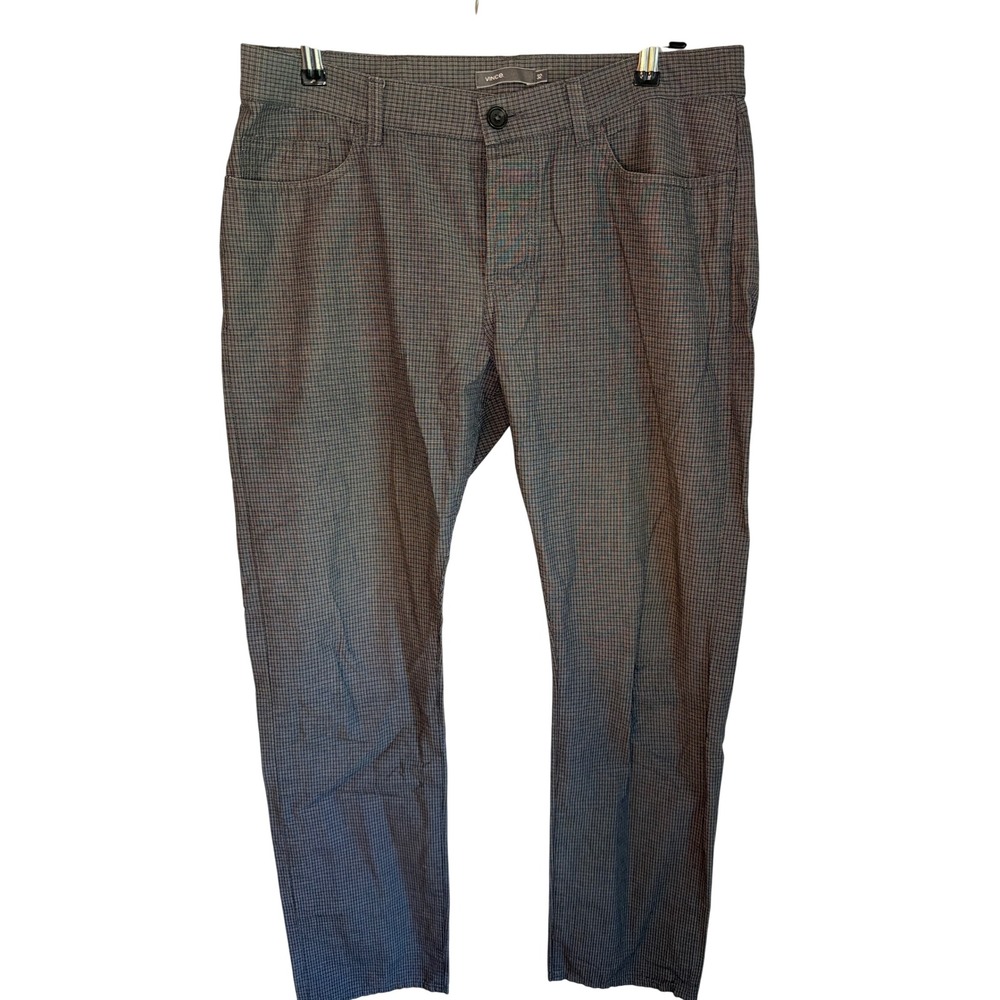 Vince Mens 32 Micro Check Cotton Pants Grey Black Button Fly Straight Leg Chinos